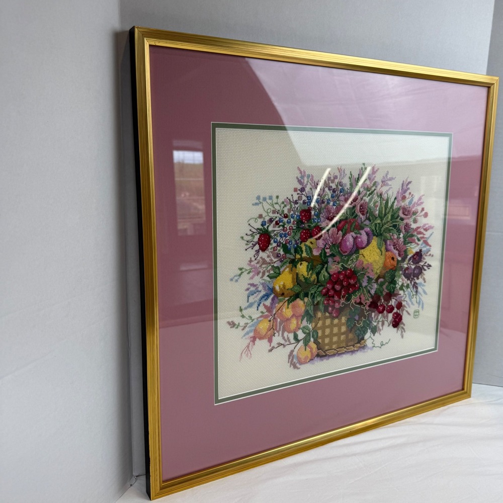 Vintage 1994 Framed Cross Stitch Fruit Basket Floral Embroidery Gold Frame 22.5" - Picture 2 of 11